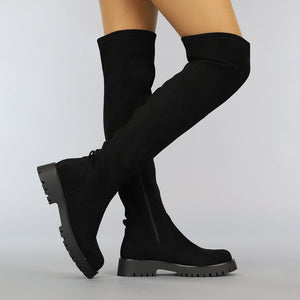 A-A Zwarte Suède-Look Overknee Laarzen met Grove Zool