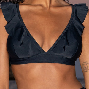 OP=OP.09.R Zwarte Ruffle Bikini Top met Strikdetail