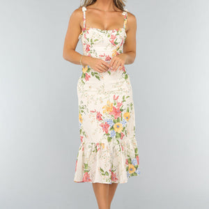 NEW0409 Lange Bloemenprint Jurk met Strikdetail