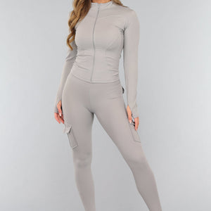 NEW0611 Grijze Longsleeve Fitness Set met Duimgaten