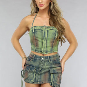 NEW0805 Acid Wash Denim Two Piece