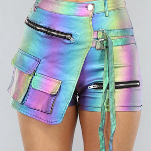 NEW0805 Glimmende Rainbow Overslag Cargo Skort