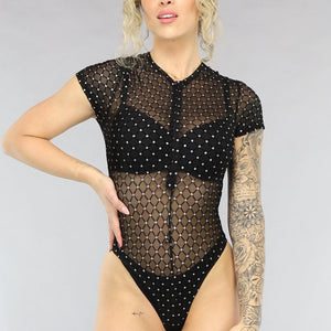 NEW0805 Zwarte See Through Bodysuit met Glitters