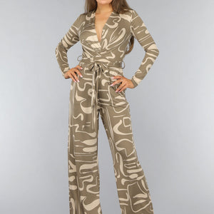 OP=OP.03.S Beige Jumpsuit met Grafisch Patroon