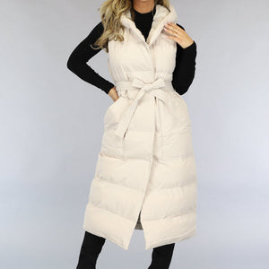 NEW0910 Beige Lange Bodywarmer met Capuchon