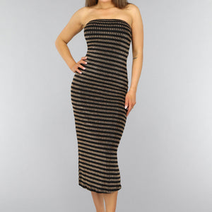 OP=OP.AV.12 Gouden Gestreepte Strapless Midi Jurk