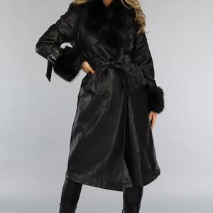 NEW0910 Zwarte Lange Lederlook Jas met Tailleband en Bont