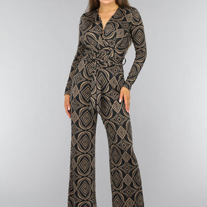 NEW0910 Zwarte Overslag Jumpsuit met Bruin Ruit Patroon