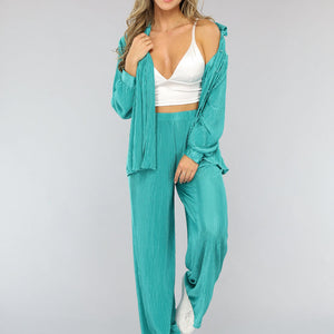 NEW1004 Glanzende Plissé Set in Zeegroen
