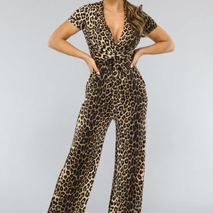 NEW1004 Wide Leg Korte Mouwen Jumpsuit met Panterprint