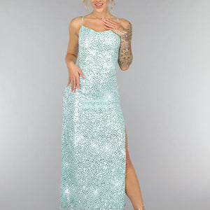 NEW1007 Maxi Split Jurk Pailletten Jurk in Mintgroen