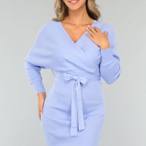 NEW1109 Lichtblauwe Rib Jurk met Ceintuur