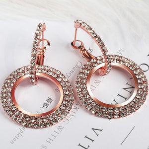 NEW1109 Rosé Gouden Stainless Cirkel Oorbellen met Strass Steentjes