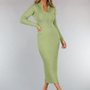 NEW1110 Lange Groene Rib Jurk