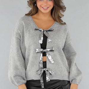 NEW1112 Grijze Trui met Pailletten Strikken