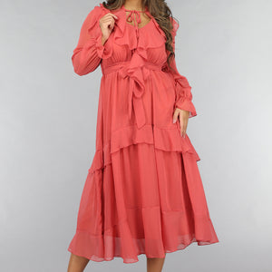 NEW120225 Zalmroze Ruffle Chiffon Maxi Jurk