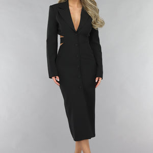 NEW120225 Zwarte Cut Out Midi Jurk met Blazer Look