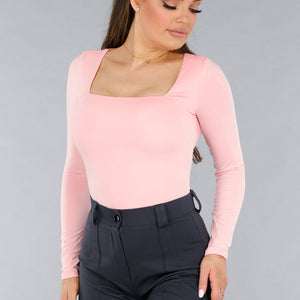 NEW120325 Longsleeve Lichtroze Stretchstof Shirt met Vierkante Hals