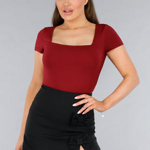 NEW120325 Stretchy Burgundy Shirt met Vierkante Hals