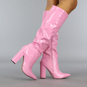 NEW1210 Roze Croco Laars met Spitse Neus