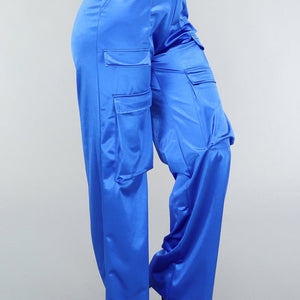 NEW1402 Satijnen Royaal Blauwe Cargo Broek