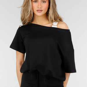 NEW180326 Zwarte One Shoulder Top met Ingewerkte Top
