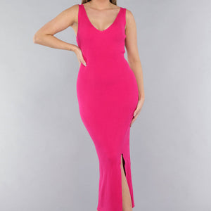 NEW190225 Fuchsia Jurk in Midi Model met Split en V Hals