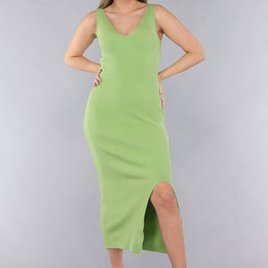 NEW190225 Ribstof Groene Jurk met Brede Schouderbandjes en V Hals