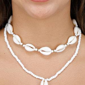 NEW190325 2-Delige Ketting Set met Witte Kauri Schelpjes en Rocailles Kraaltjes