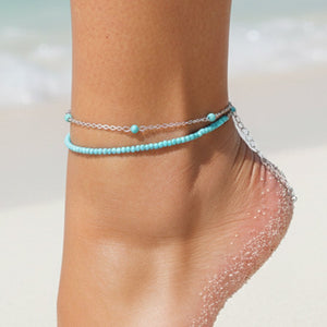 NEW190325 Dubbel Zilveren Enkelbandje met Blauwe Kralen