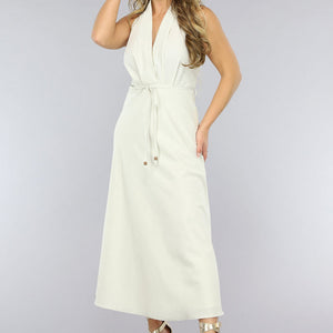NEW1906 Beige Linnenlook Jurk met Halter Hals