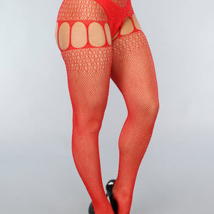 NEW2003 Rode Jarretel Look Fishnet Panty met Strass