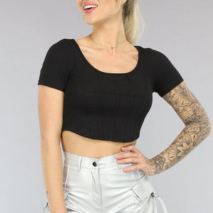 NEW2003 Zwart Top met Korte Mouwen en Korset Naden