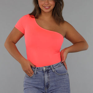 NEW220125 Neon Coral Bodysuit met One Shoulder
