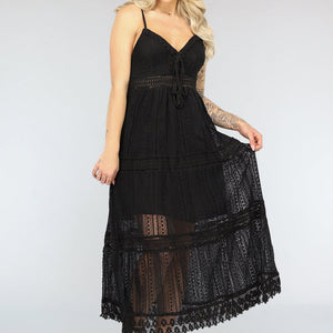 NEW2404 Zwarte Gehaakte Jurk in Boho Stijl