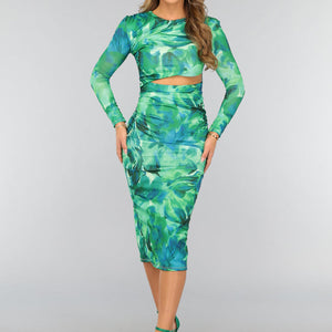 NEW2509 Groene Bloemenprint Jurk met Schoudervulling
