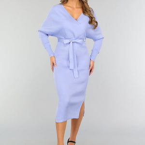 NEW2509 Lichtblauwe Ribstof Overslag Jurk met Ceintuur