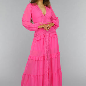 NEW2509 Roze Longsleeve Boho Jurk met Ruches