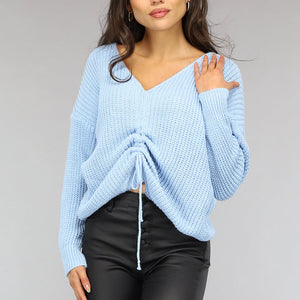 NEW2510 Babyblauwe Gebreide Trui met Geplooid Detail