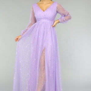 NEW2510 Paarse Glitter Maxi Jurk