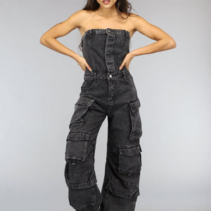 NEW2510 Strapless Denim Cargo Jumpsuit