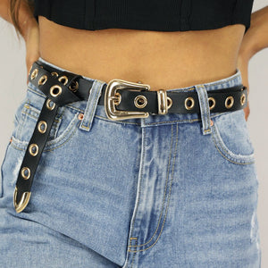 NEW2607 Lange Zwarte Riem met Gouden Ringen