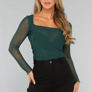 OP=OP.04.NL Korte Donkergroene Longsleeve Mesh Top