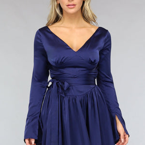 OP=OP! Donkerblauwe Satin Look Skater Jurk