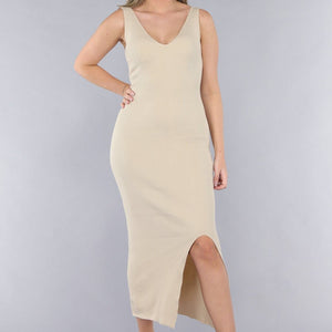 SALE30 Beige Rib V Hals Jurk met Split