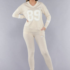 SALE30 Beige Zachte Matching Stretch Set met Teddy Borduursel