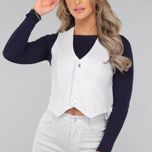 SALE30 Gestreepte Gilet Top met Knopen