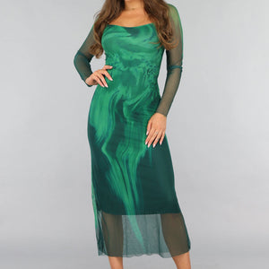 SALE30 Groene Mesh Jurk met Marmer Print