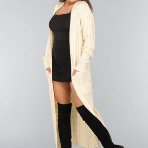 SALE30 Lange Beige Gebreide Cardigan met Zakken