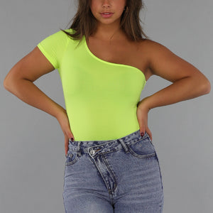SALE30 One Shoulder Neon Gele Bodysuit